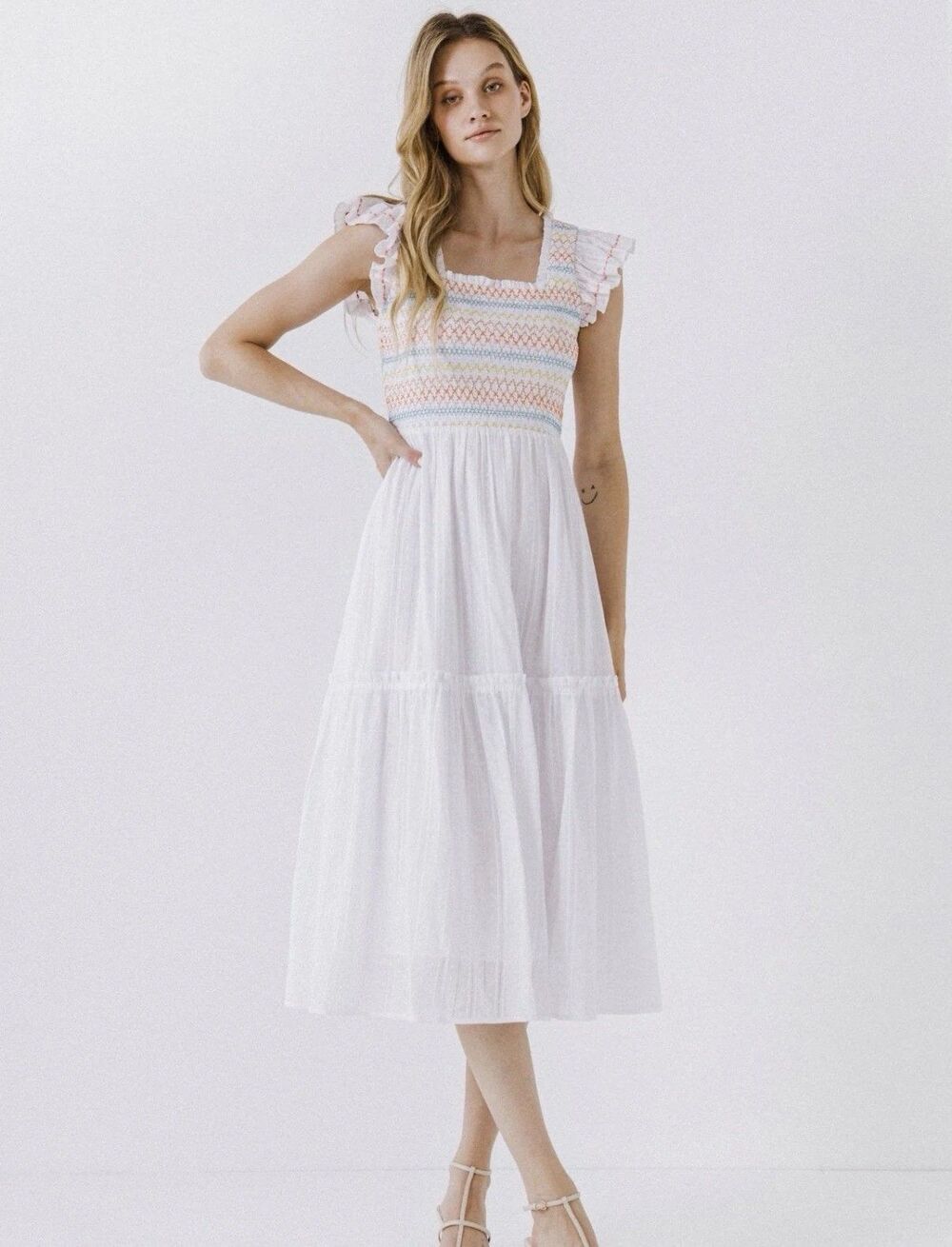 Free the Roses White And Multicolor Smocked Maxi Dress Prairie Romance Size S